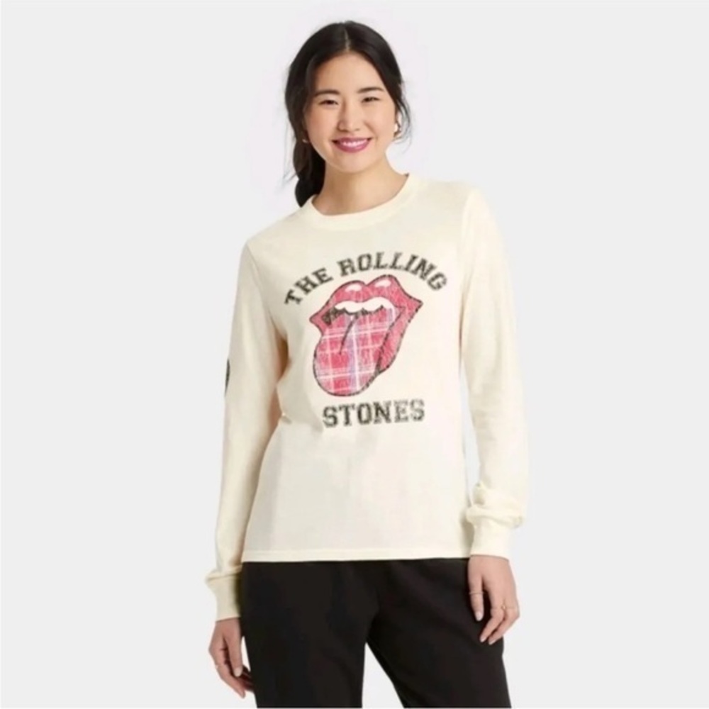 The Rolling Stones 72 Graphic Tong Top T-shirt Long Sleeve Cream Red Large